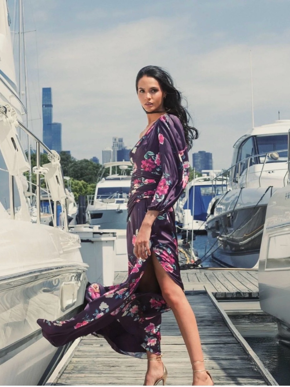 Mac Duggal One-Sleeve Floral Print Charmeuse Gown